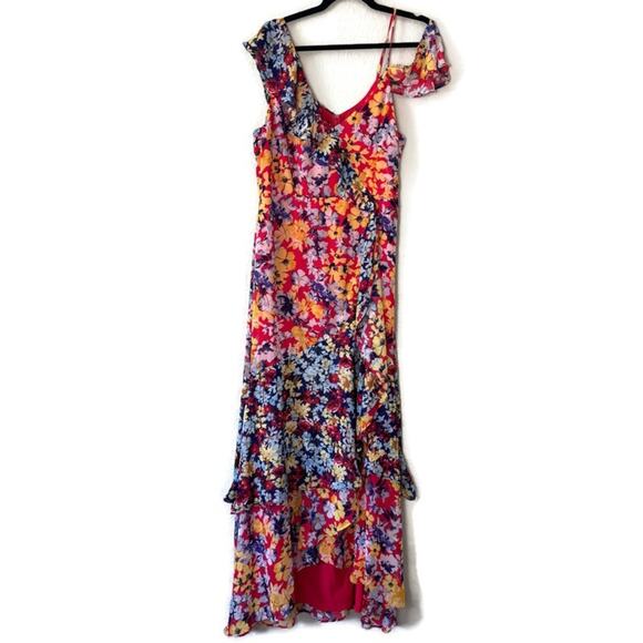 Lulu’s Red Radiant Ruby Floral Chiffon Asymmetrical Dress Size XL - Picture 2 of 7